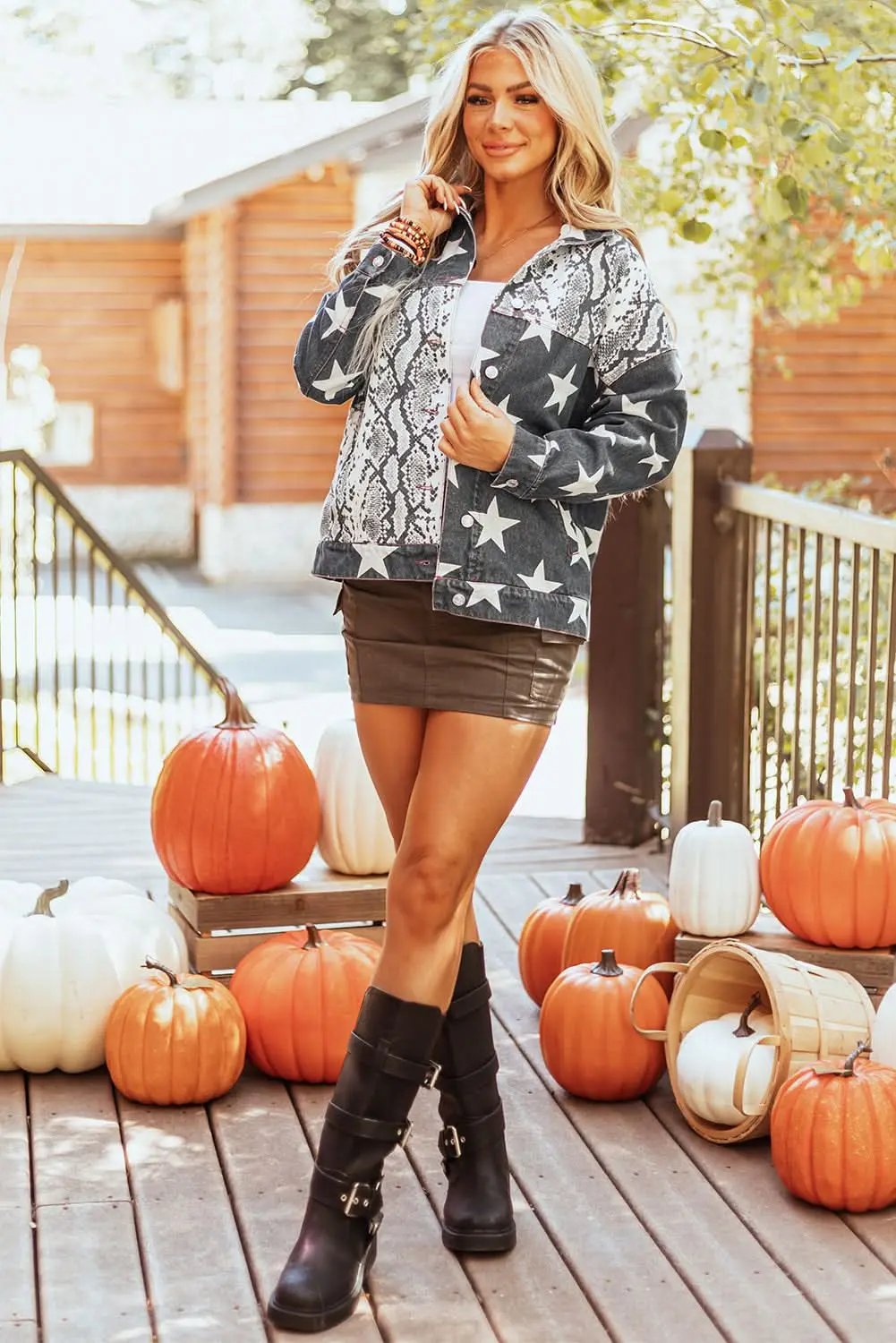 Black Star Snakeskin Printed Patchwork Denim Jacket - Love Salve